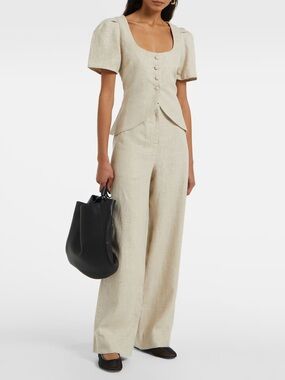 Faithfull the Brand Cream Linen Wide-Leg Jumpsuit with Puff Sleeves